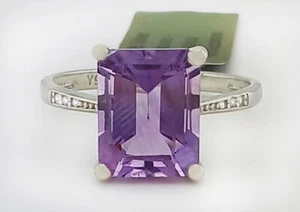 GENUINE 3.85 Cts AMETHYST & WHITE SAPPHIRE RING .925 SILVER - New With Tag - Picture 1 of 5