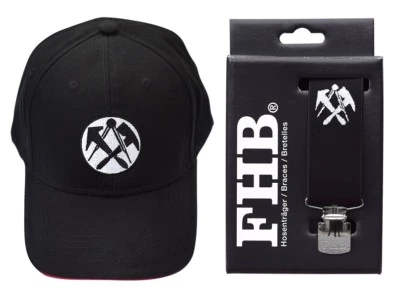 FHB Set Dachdecker Zunft Hosenträger 120cm Echtlederrückenkreuz Clip+ Cap Mütze