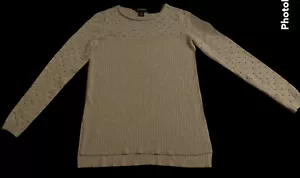 Top Liz Claiborne crema/oro 1/4 nodo maglia fondo 3/4 costine donna SM NUOVO SENZA ETICHETTE - Foto 1 di 10