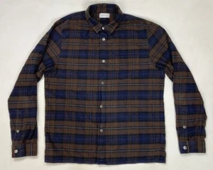 John Elliott Sly Plaid Flannel Shirt Men Slim Fit 3 Large Brown Blue Long Sleeve - Picture 1 of 10