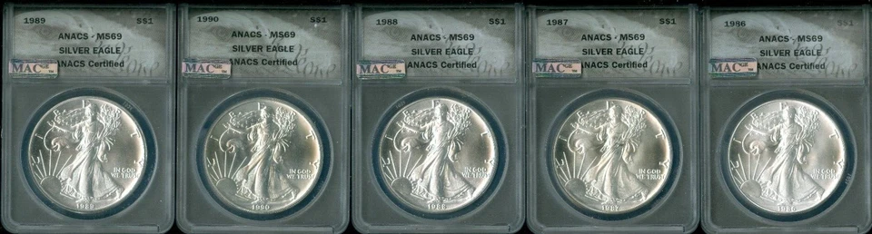 1986 TO 2025 SILVER EAGLE ANACS MS69-70 MAC SPOTLESS 50 OUNCES COINS + P MINTS . - Image 1 of 4