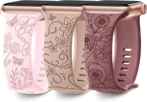3 Pcs Floral Engraved Band For Apple Watch Soft Silicone Wildflowers Sport Strap - Zdjęcie 1 z 134