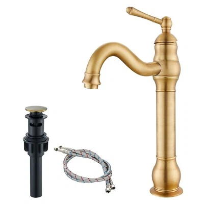 Antique Brass Bathroom Vessel Faucet Single Handle Vanity Sink Mixer Tap w/Drain