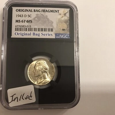 1943-D 5c Jefferson Silver War Time Nickel - NGC MS67 6FS Inked Bag - Image 1 of 2