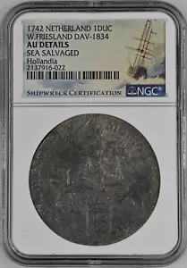1742 Netherlands Ducaton Hollandia Shipwreck NGC AU Details Sea Salvaged Silver - Picture 1 of 14