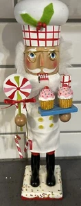 Peppermint Cupcake Chef Nutcracker Candy Lane Wooden Christmas 14” Pink White - Picture 1 of 8