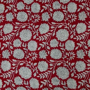 Hand Block Print Red Floral 100%Cotton Women Dress Material Craft Fabric - Picture 1 of 2