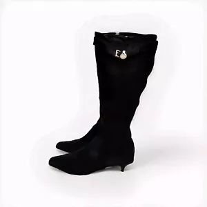 Prada Black Suede Knee High Pointed Toe Heel Boot sz 40.5 US 9 - Picture 1 of 10
