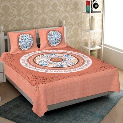 100% Cotton Indian Flower Mandala Print Queen Size Bedsheet With 2 Pillow Covers - Image 1 of 4