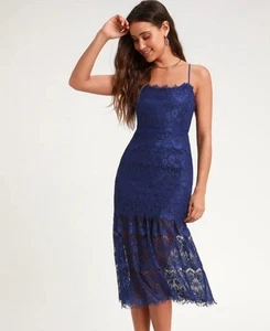 LULUS Wagner Lace Ruffled Tiered Sleeveless Midi Trumpet Dress Blue Large Formal - Picture 1 of 8