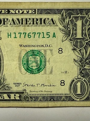 1776 Year Note One Dollar Bill $1 Four Of A Kind 7s Fancy Serial Number 17767715 - Image 1 of 4