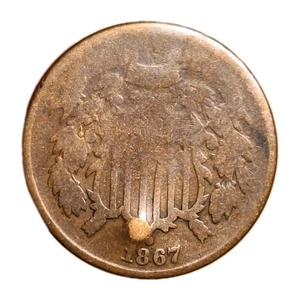 1867 Better Date 2 Cent Piece Partial Hole Worn Details Full Date Slightly Woody - Picture 1 of 14