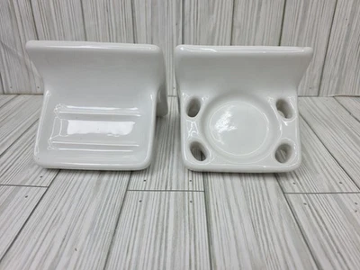 Vintage White Ceramic Soap Dish Tumbler Cup Tray Toothbrush Holder Mid Century - Image 1 of 4