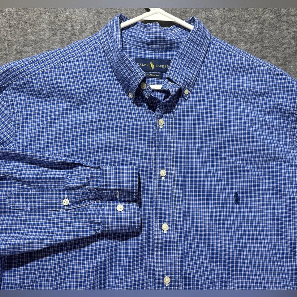 Ralph Lauren Vtg Dress Shirt Mens XLT blue plaid button up Classic Fit cotton - Image 1 of 4