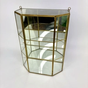 Vtg 3 Shelf Brass & Glass Mirror Curio Display Cabinet Case Door Large 14" Tall - Picture 1 of 11