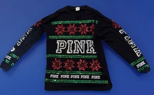 Victoria Secret Pink Black Long Sleeve Holiday Shirt Sequins Snowflakes BLING M - Picture 1 of 12