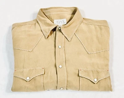 Camisa Para Hombre L Ryan Michael Western XL Lino Seda Manga Larga Tostado Perla A Presión Foto 1 de 4