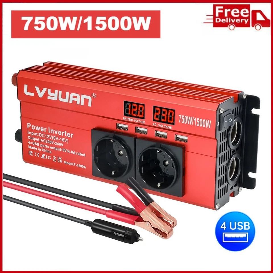 LVYUAN 750W 1500W Wechselrichter 12V auf 230V Auto Spannungswandler 4USB 2AC LED Campen