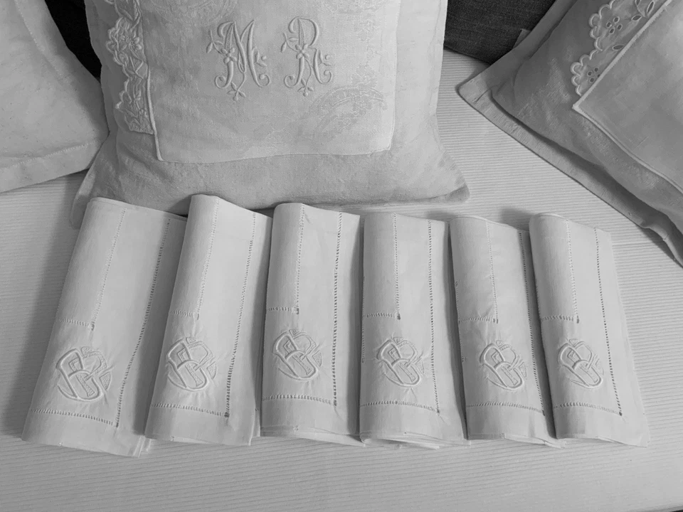 Linge Ancien 6 Serviettes En Lin Brodé  Point Jour Monogramme Entrelacés BP - Photo 1/4