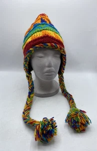 100% Wolle Regenbogen Ohrenklappe Mütze Nepal Fleece gefüttert Bommel Bommel Stolz bunt - Bild 1 von 11