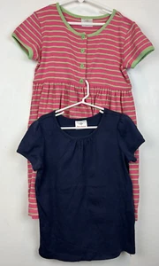 Hanna Andersson Dress Top Girls Sz 8 T Shirt 130 Pink Stripe Button Navy Casual - Picture 1 of 13