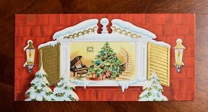 Tarjeta de Navidad vintage SIN USAR VENTANA TROQUELADA A ÁRBOL ESCALERA PIANO mediados de siglo - Imagen 1 de 5