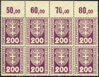 Danzig Germany Stamps Block of 8 MNH Scott #J16/Michel #16Y w/top margin - Image 1 of 2