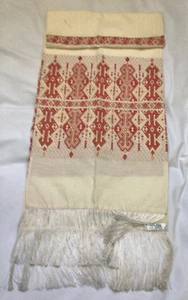 Vintage Handmade Jupiter Leon Pessah Gold Lurex & Red on Cream Scarf Fringe - Picture 1 of 6