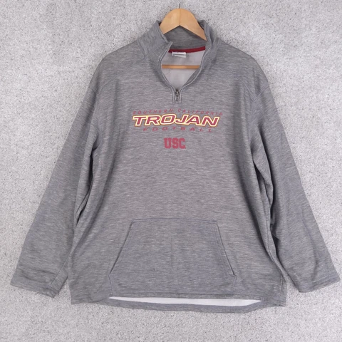 Majestic USC Trojans Sweater Mens XL Gray Yellow 1/4 Zip Fleece Pullover Knit Cover