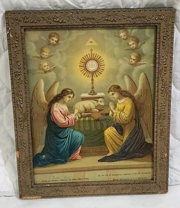 Antique Wood Framed art print Religious Chromolithograph Angels praying altar - Picture 1 of 19
