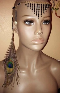 Majestic Blue Biocone Seed Bead Women’s Adornment Peacock Feather Gold GIFT - Picture 1 of 2