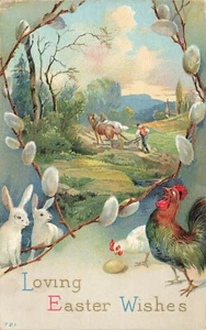 Liebevolle Osterwünsche geprägte Postkarte verschickt Hasen Hahn Bauer Feld Ei - Bild 1 von 2