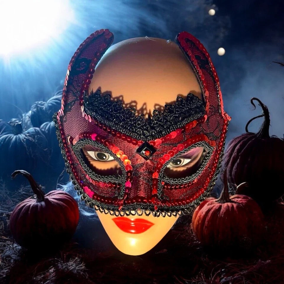 Women's Sequin/Lace Devil Horn Masquerade Mask Halloween Costume in Red/Black - Image 1 of 1