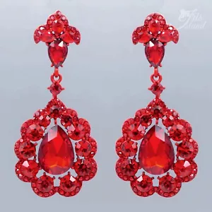 Rote Chandelier Ohrhänger Tropfen Kristall Strass Blume Abschlussball Damen 20209 - Bild 1 von 4