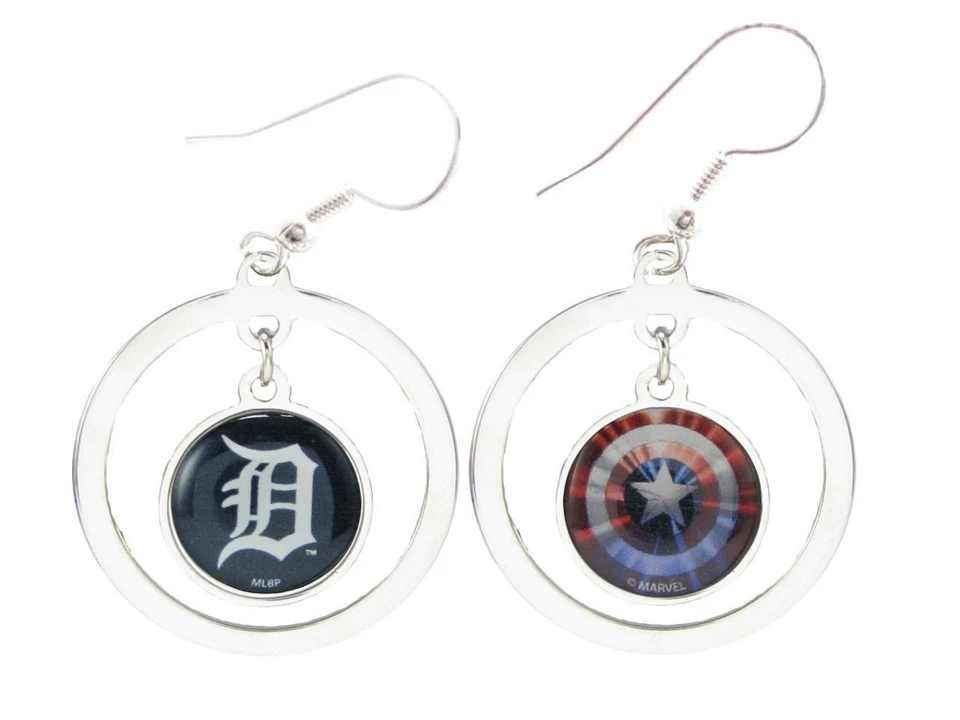 Detroit Tigers Captain America Two Sided Silver Hoop Marvel Earrings Jewelry MLB - Image 1 of 1