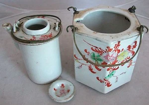 4.65" Antique Chinese Famille Rose Hexagon Wine Pot or Teapot w/ Metal Handles - Picture 1 of 12