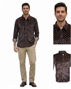 Herren Hemd Langarm Elegant Gemusterte Hemden Vintage Braun XL Winter - Bild 1 von 10