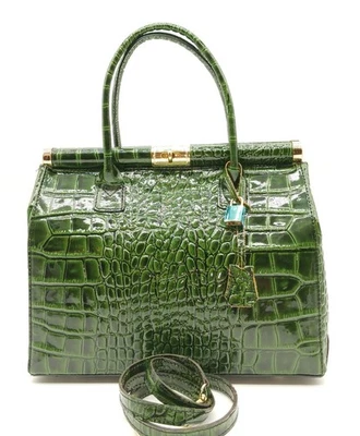 Italian Shiny Croc Embossed Leather Handbag Satchel – Made In Italy - Green - Image 1 of 4
