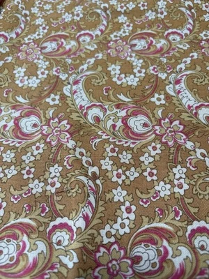 Vintage Floral Paisley Cotton Fabric Brown with Pink & White Accents 16x22 - Image 1 of 4