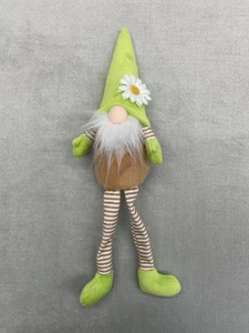 Spring Gnome Plush Doll Green Hat Daisy Flower 12” Striped Legs Easter Decor - Picture 1 of 6