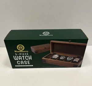 Woodburry Pinewood 5-Piece Watch Case Leatherette Lining Wood 11.75”x5”x3” NEW - Picture 1 of 4