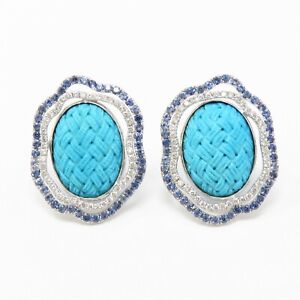 NYJEWEL 18k White Gold Large Turquoise Sapphire & Diamond Clip On Earrings
