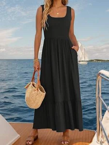 Women's 2025 Summer Sleeveless Dress Square Neck Pleated Swing Casual Maxi Dress - Picture 1 of 13