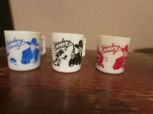 Vintage Hopalong Cassidy Milk Glass Mugs - 3 - Red, Blue, Black Script - 1950s - Picture 1 of 11