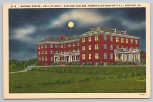 Nachtszene Madame Russell Hall Radford College Virginia Vintage Leinen Postkarte - Bild 1 von 2