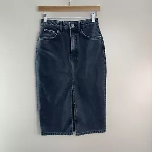 Zara Trafaluc Midi Black Denim Skirt Pockets Casual Front Slit Women's Size 26 - Picture 1 of 10
