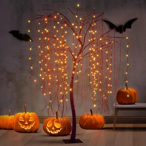 7 FT Halloween Lighted Willow Tree 256 LED Orange Lights Artificial Weeping Will - Picture 1 of 6