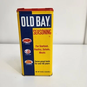 Lata de especias de metal Old Bay condimento 16 oz. Vintage Baltimore Spice Company vacío - Imagen 1 de 6