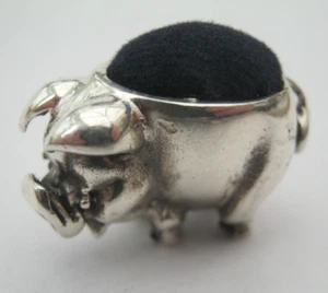 Edwardianischer Stil Englisch gepunzt Sterlingsilber Schwein Nadelkissen - blauer Samt - Bild 1 von 4