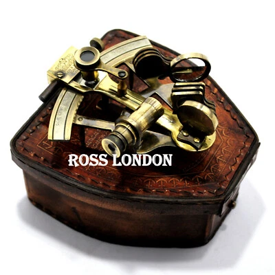 ROSS LONDON Antiguo Estilo Náutico Latón Barco Sextante 4 Pulgadas Con Caja De Cuero Foto 1 de 4